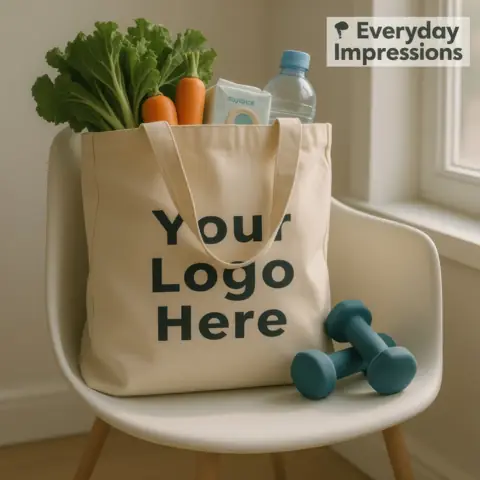 A canvas tote with a logo, holding groceries